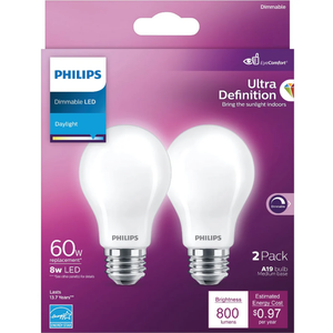 PHILIPS ULTRA DEFINITION 60W EQUIVALENT DAYLIGHT A19 MEDIUM LED LIGHT BULB, FROSTED, Pack of 2