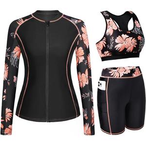 Daci Women 3 Piece Rash Guard - 3PC Long Sleeve Zip up Swim Shirt Sports Bra Modest Swimsuit with Shorts (Large, Orange Floral)