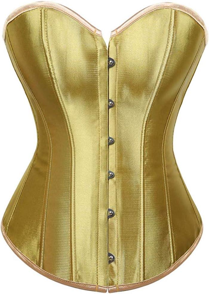 ADELCE Women's Sexy Boned Overbust Shaper Push Up Bodysuit Lace up Corsets and Strap Bustiers Top Gold S