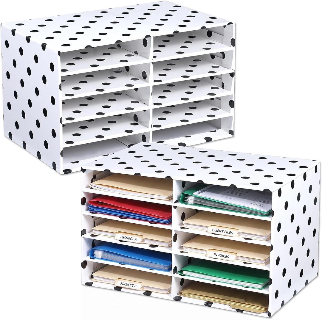 2 Pcs White with Black Polka Dots 10 Slots Construction Paper Storage Cardboard Literature Organizer Back to School Classroom Paper Storage Desktop Mailbox File Sorter for Teacher Student Office Home