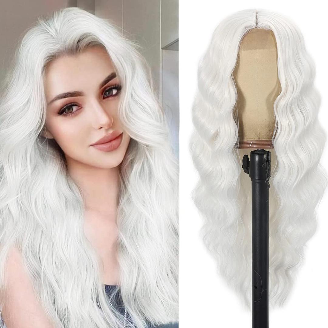 Long Curly White Lace Front Wigs for Women Middle Part Wavy Wig Natural Looking Hair Replacement Wig for Daily Party Use Cosplay Costume Halloween