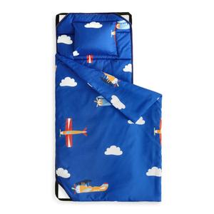 Wake In Cloud - Cot Nap Mat with Pillow and Blanket, for Toddler Kids Boys Girls in Daycare Kindergarten Preschool Pre K with Elastic Corner Straps, Cars Vehicles Trains Airplanes, Blue White  52"L x 22"W x 6"Th