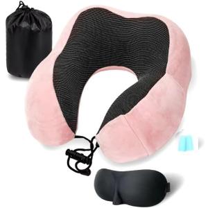 100% Pure Memory Foam Travel Pillow with Phone Pocket  Breathable Neck Support, Washable Cover, 3D Eye Mask, Earplugs & Carry Bag  Perfect for Long Flights (Pink)