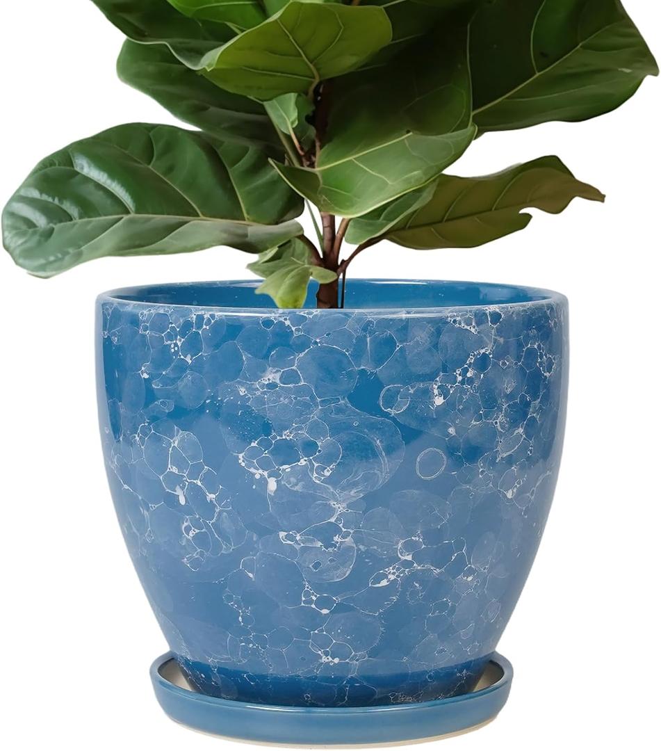 Ceramic Flower Pot - 10 Inch Planter with Drainage Hole and Saucer, Modern Large Planters, Decorative Plant Pot for Indoor Ourdoor, Room Home Garden Porch Decor, Plant Lover Gifts, Blue