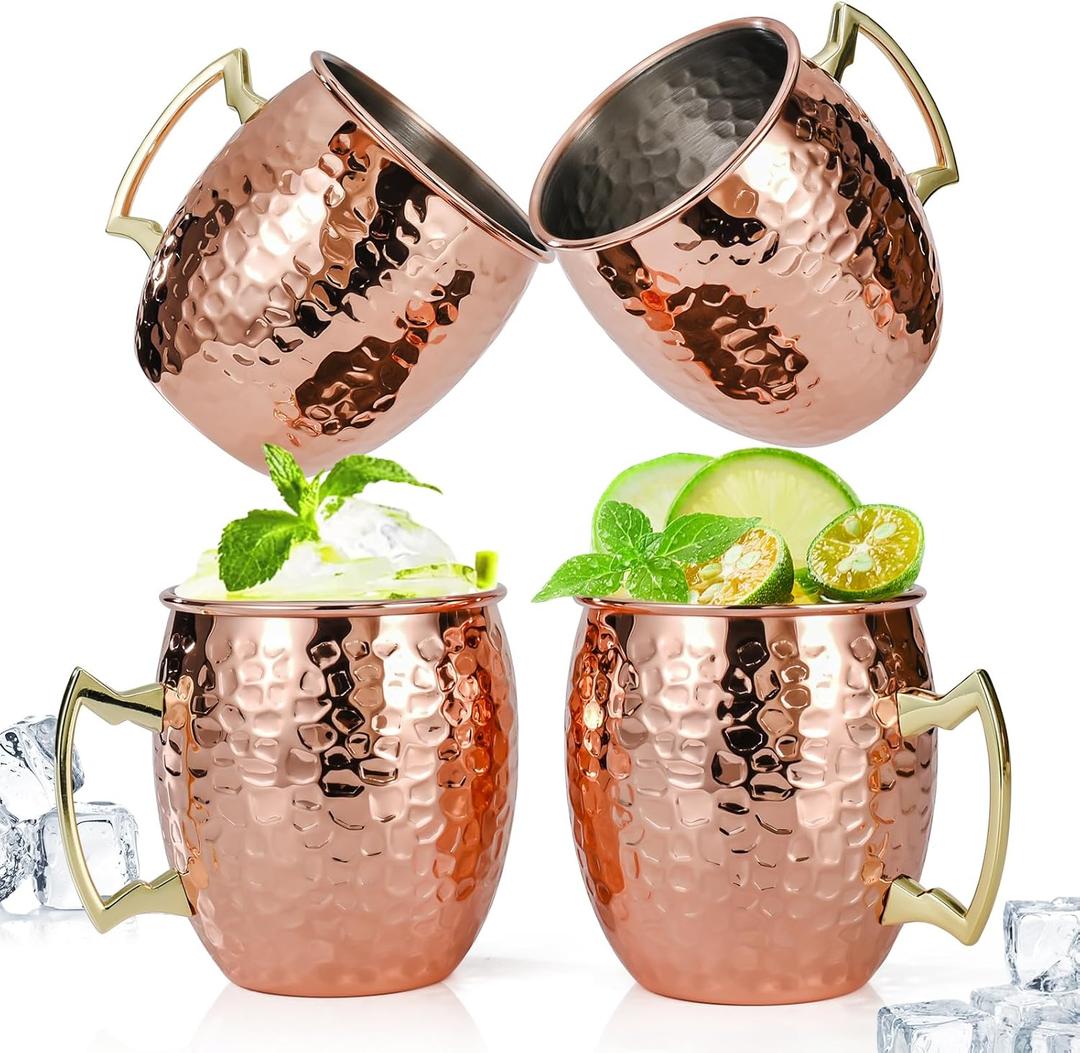 Moscow Mule Mugs Set of 4, 16 OZ Hammered Copper Cups with 304 Stainless Steel Lining and Gold Brass Handles, for Cold Drinks, Beer, Bars, Parties