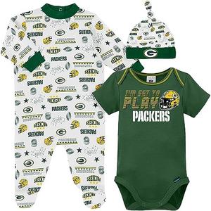Gerber NFL Green Bay Packers 3 Pack Bodysuit Sleep n Play Footie Cap Registry Gift Set, blue/ white Green Bay Packers, 0-3M