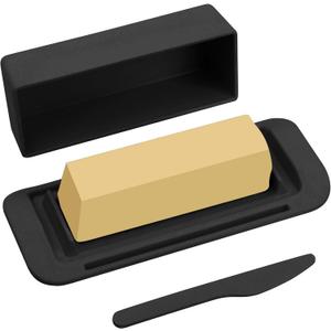 Bamboo Butter Dish with Lid and Knife, Small Butter Keeper for One Stick of Butter, Butter Holder Container for Refrigerator, Countertop, Dishwasher Safe Butter Crock for Kitchen & Fridge, Black