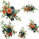 Ling's moment 2pcs Fall Wedding Artificial Floral Swag Welcome Sign Flowers Backdrop Garland Teal & Burnt Orange for Ceremony Reception Door Wall Home Decorations Entryway Outdoor Board Table Decor