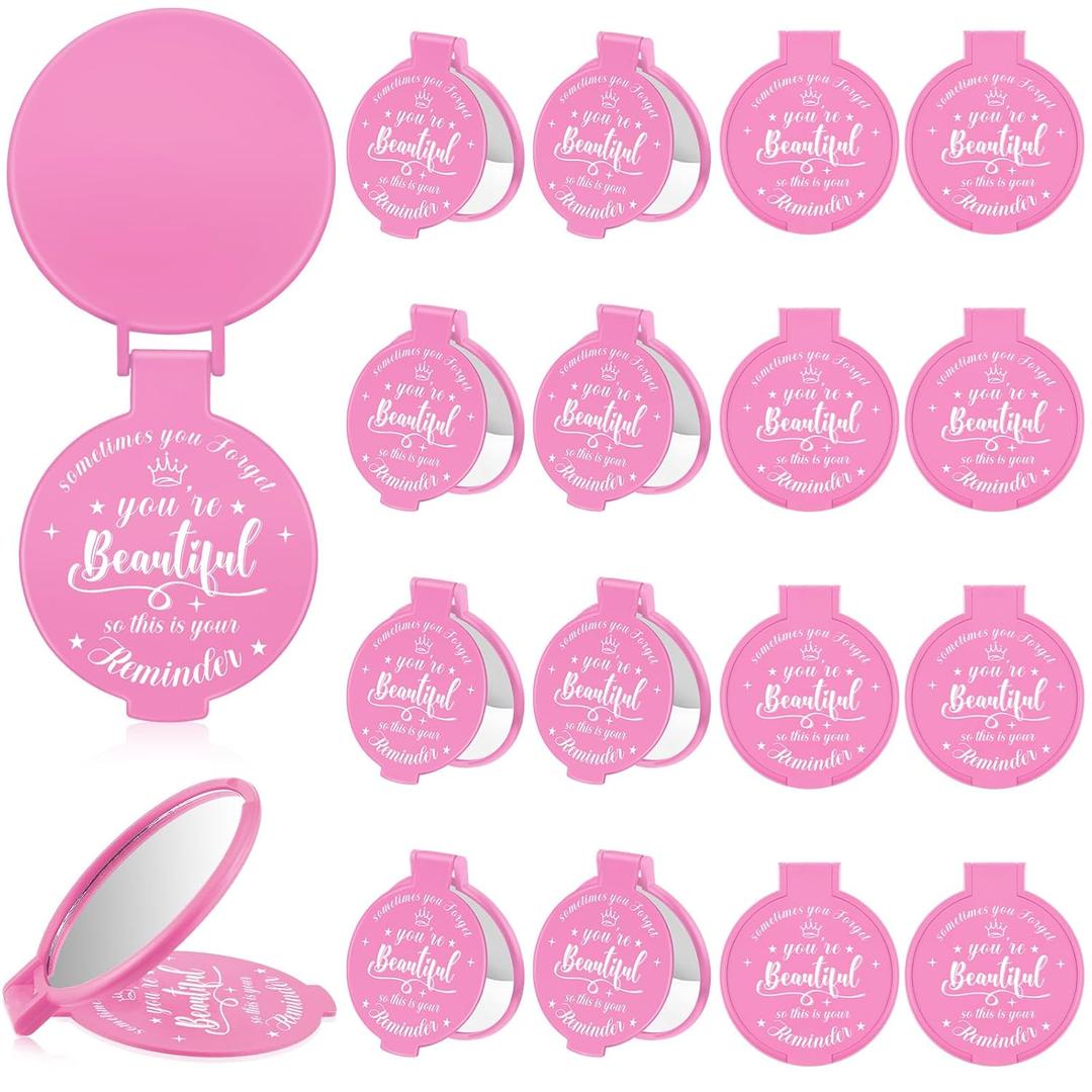 18 Pcs 2.76 Inch Inspirational Compact Mirror Bulk Women Small Gifts Graduation Party Favors Purse Mirror Pocket Mini Stuffer Items for Adult Coworker Cheerleader Employee (Pink)