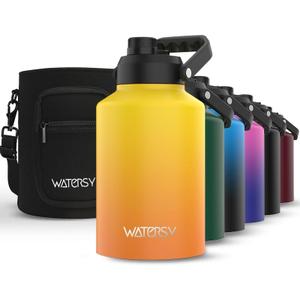 WATERSY 1 Gallon Water Bottle Insulated(Cold for 48 Hrs),BPA Free&Leak Proof,128oz Stainless Steel Water Jug,Big thermo,Large Water Bottle with Handle for Gym,Hiking,Camping&Travel,Gradual Yellow