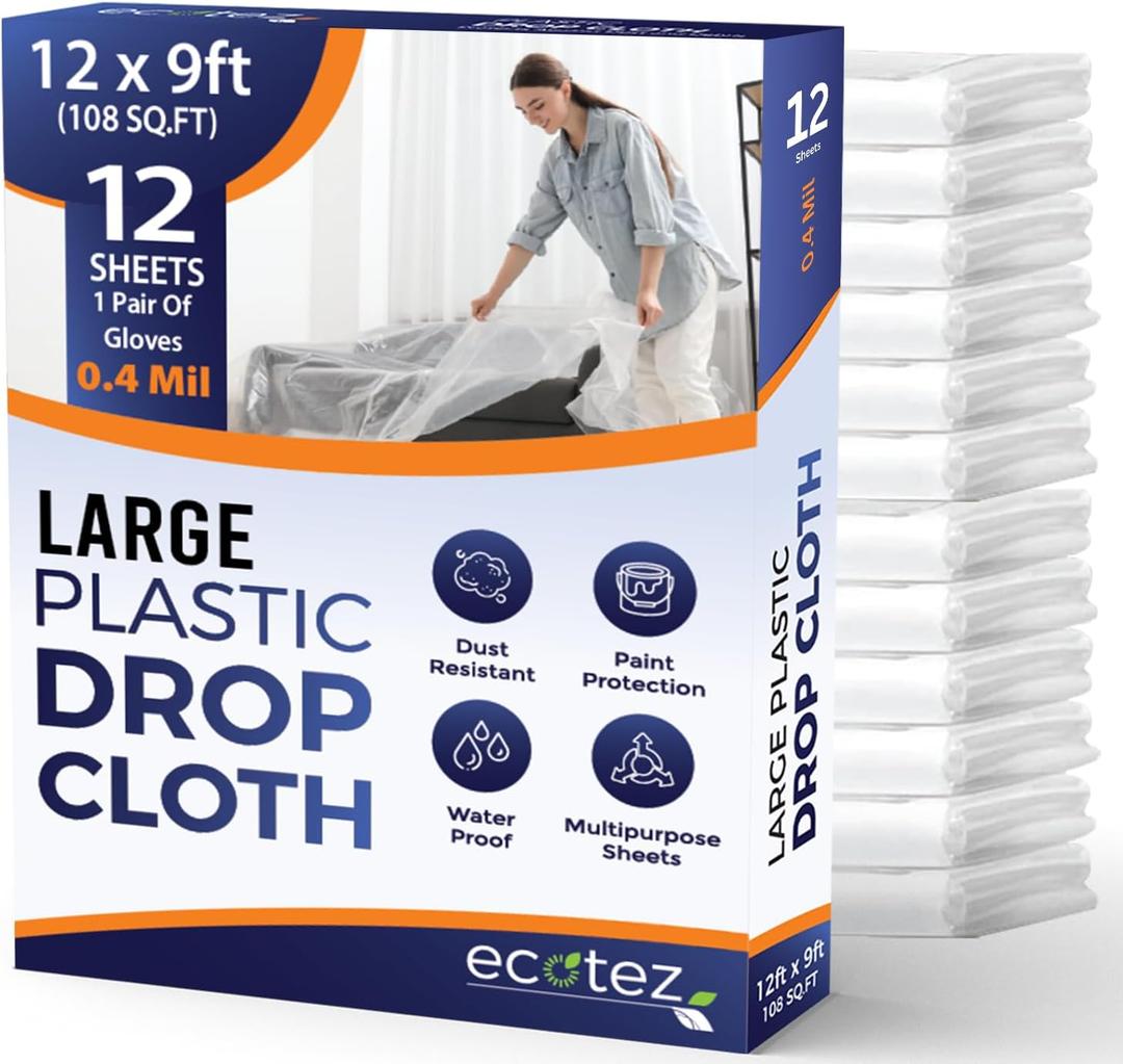 12 Pack 12 x 9 ft Extra Large Plastic Drop Cloth for Painting - Light & Durable Tarp Cover for Furniture - Plastic Clear Tarp Waterproof - Paint Floor Covering - Painters Drop Cloth Sheeting