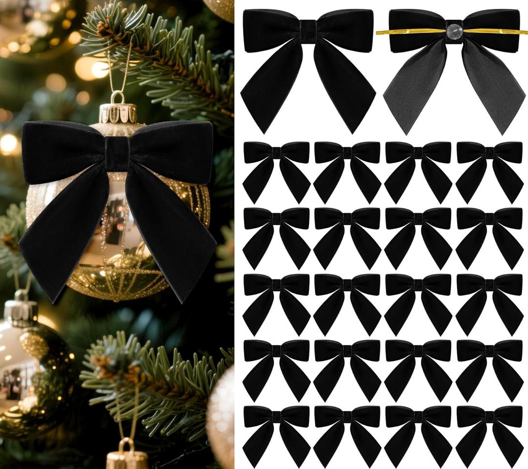 Glitinsel 30 Pcs Velvet Bows for Christmas Tree, Pre-Tied Christmas Bows with Twist Ties & Adhesive Dots Vintage Xmas Decor for Garland Wreath Gift Packaging(3 x 3 Inch, Width of 1",Black)