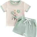 Toddler Baby Girls Summer Outfits Cute Daisy Ruffle Ribbed Short Sleeve T-Shirts Tops Floral Shorts 2Pcs Sets (White) 6-12M