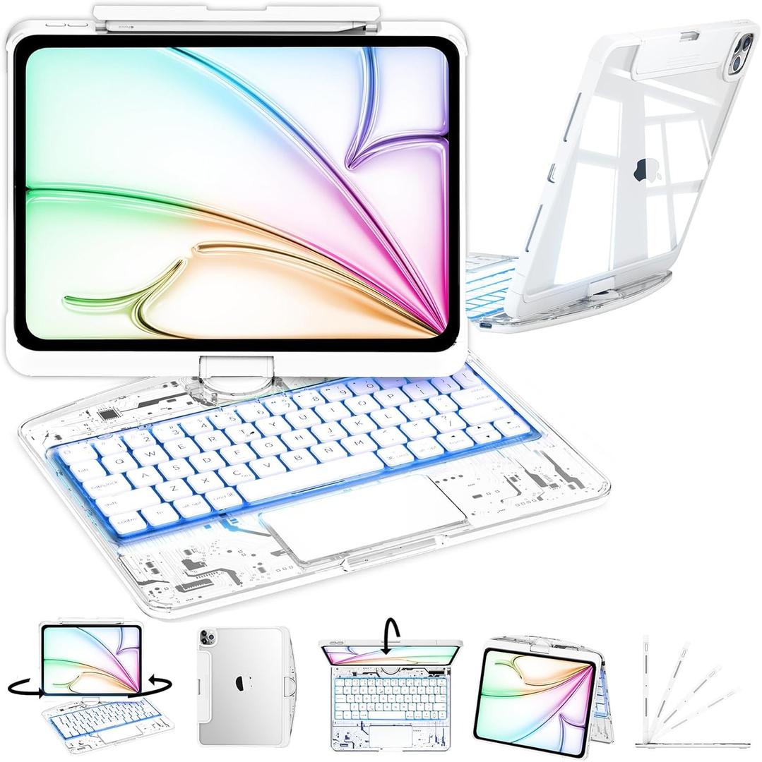 iPad Keyboard Case,for 2022 iPad 10th Generation 10.9-inch and 11th Generation 11-inch(A16,2025) Transparent Keyboard case Featuring RGB backlighting, 360 Rotating trackpad, and Stylus Slot,White (Frosted Core)