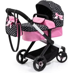 Bayer Pram Xeo Reborn Doll Stroller, Black & Pink Hearts with Matching Handbag, Convertible Jogger, Ages 3+, ys/m
