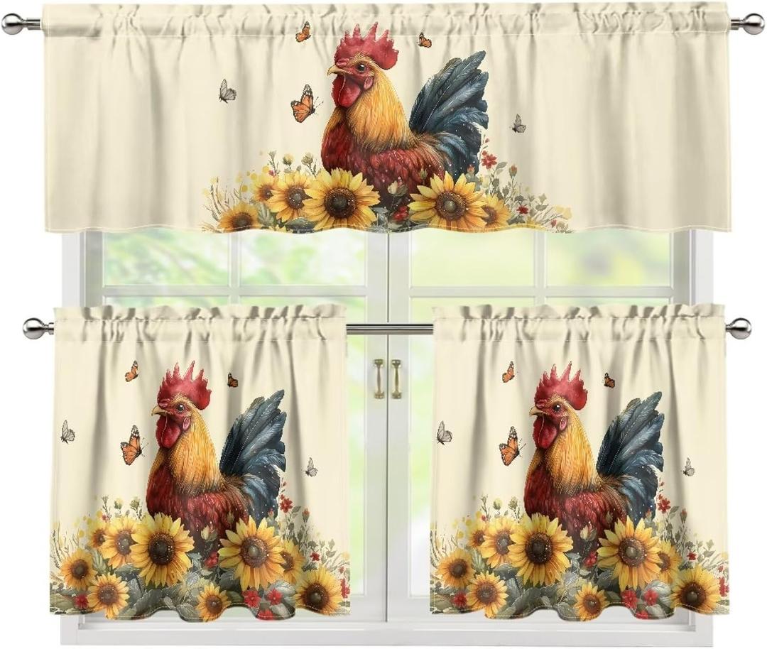 Rooster Sunflower Kitchen Curtains 3 Piece Set Tier Curtains and Valance Set Rustic Kitchen Drapes Light Filtering Country Window Drapes Easy Install Rod Pocket Room Drapes