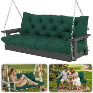 Waterproof Porch Swing Cushion Replacement, Thick 2–3 Seat Swing Seat Cushion with Backrest & Ties, Outdoor Bench Cushion for Patio Garden Porch Furniture (Dark Green, 60 x 40in)
