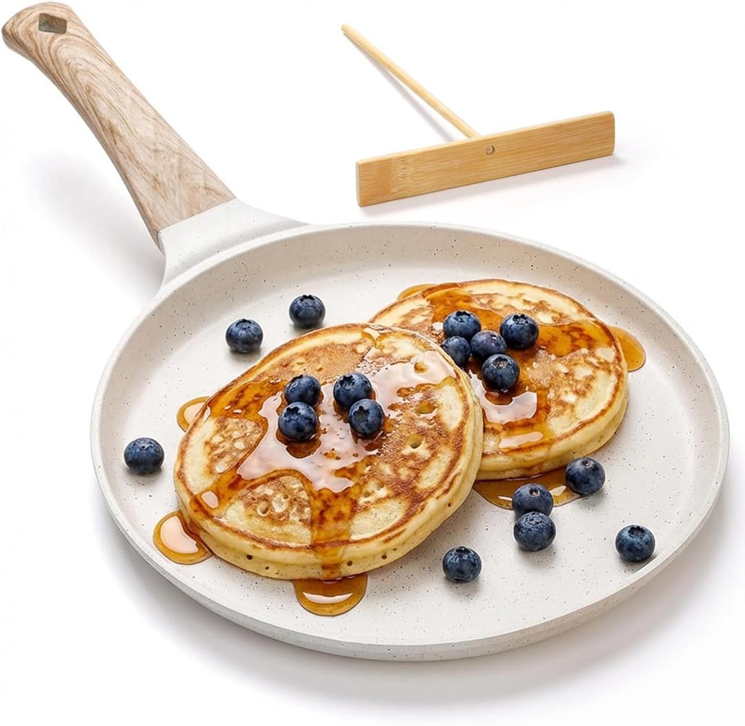 Hiceeden Nonstick Crepe Pan with Spreader, 10-Inch Tortilla Pan with Detachable Handle, Ceramic Coating Pancake Dosa Tawa Griddle Pan, for All Stove, Induction Compatible, PFOA Free (White)