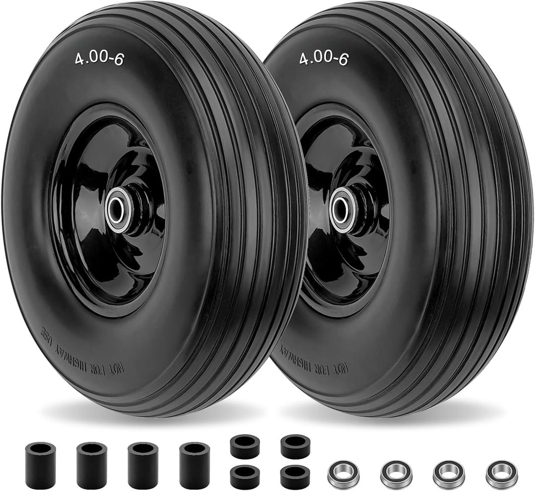 4.00-6 Flat-Free Solid Tire and Wheel 13" Wheelbarrow Tire by Cenipar With 3/4" & 5/8" Grease Bushing and 1.75" Centered Hub 4.00-6 tire and wheel for Garden Cart Trolley Hand Truck, 2 PC