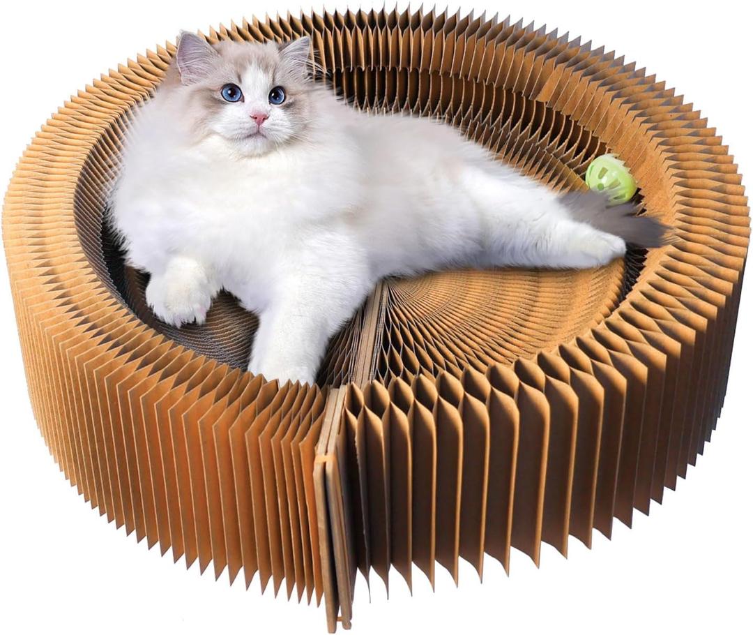 Cat Scratcher Lounge Bed, Collapsible Magic Organ Cardboard Cat Bed, Round Cat Scratching Bed Nest for Indoor Big Large Kitty Kitten Cats