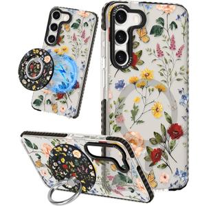 for Samsung Galaxy S23 Plus Case for Women - Girls Cute Design Compatible with Magsafe Magnetic Ring Holder Stand Retro Flower Phone Covers Aesthetic Girly TPU Funda for S23 Plus