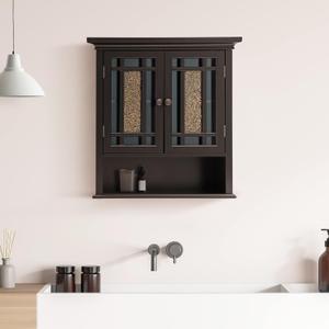 Teamson Home 2 Door Bathroom Wall Cabinet Windsor Collection with Crown Molding, Wall Mounted Over The Toilet Storage with Open Shelf & Decorative Glass Mosaic Details, Espresso