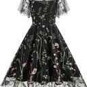 Women Keyhole Floral Embroidery Dress Sheer Mesh Illusion Vintage Cocktail Swing Dress Wedding Party Prom Tulle Evening Dress (Black, Size: 43" x 15")