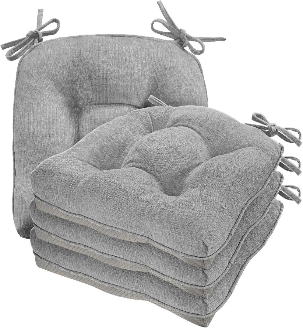 Cozyide Chair Cushions for Dining Chairs, 17" x 17" Non-Slip Kitchen Chair Pads with Adjustable Ties, Indoor Chair Cushions for Dining Room, Light Grey (Pack of 4)