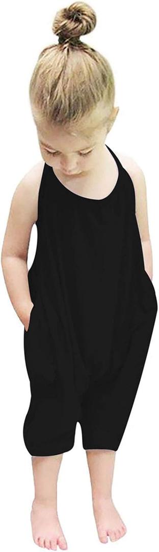 Backless Strap Slouch Jumpsuit for Toddler Girls Cute Harem Halter Romper Pants with Pockets (Black)