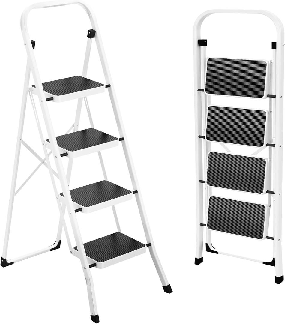 HBTower Step Ladder, Folding Step Stool for Adults | with Anti-Slip Pedal, 330 lbs Capacity for Kitchen, Home (4 Step Ladder, White)