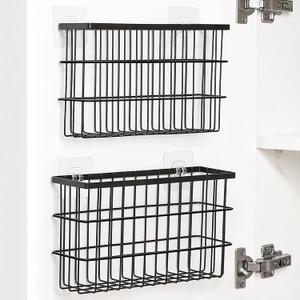 Pack of 2 Cabinet Door Organizer, Self Adhesive Lid Organizers Inside Cabinet Storage Boxes, Hanging Storage Basket Organizer Wall Mounted Pantry Caddy Cup Holder for Kitchen, Fridge, Bathroom (Black)