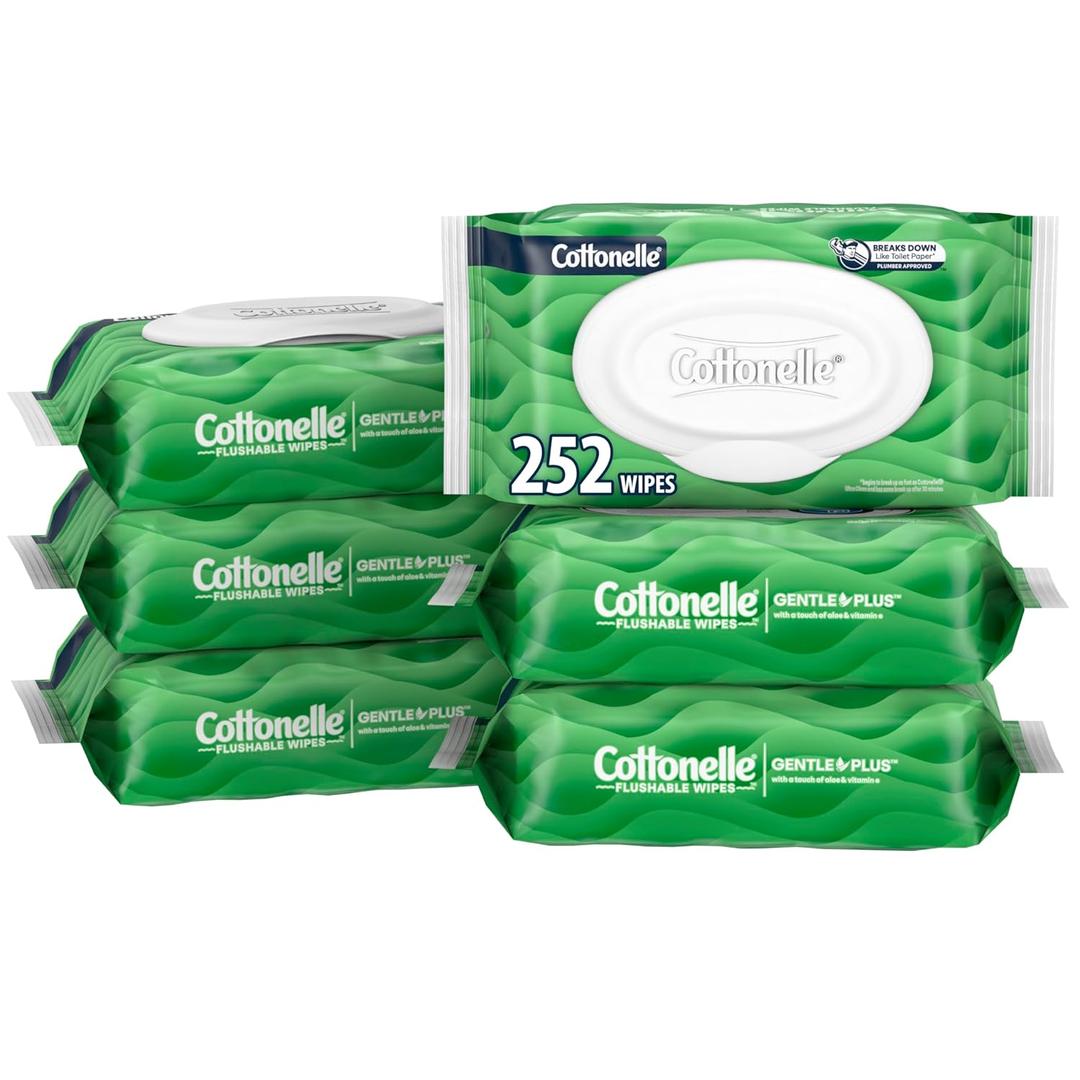 Cottonelle GentlePlus Flushable Wet Wipes with Aloe & Vitamin E, 6 Flip-Top Packs, 42 Wipes Per Pack (252 Total Wipes)