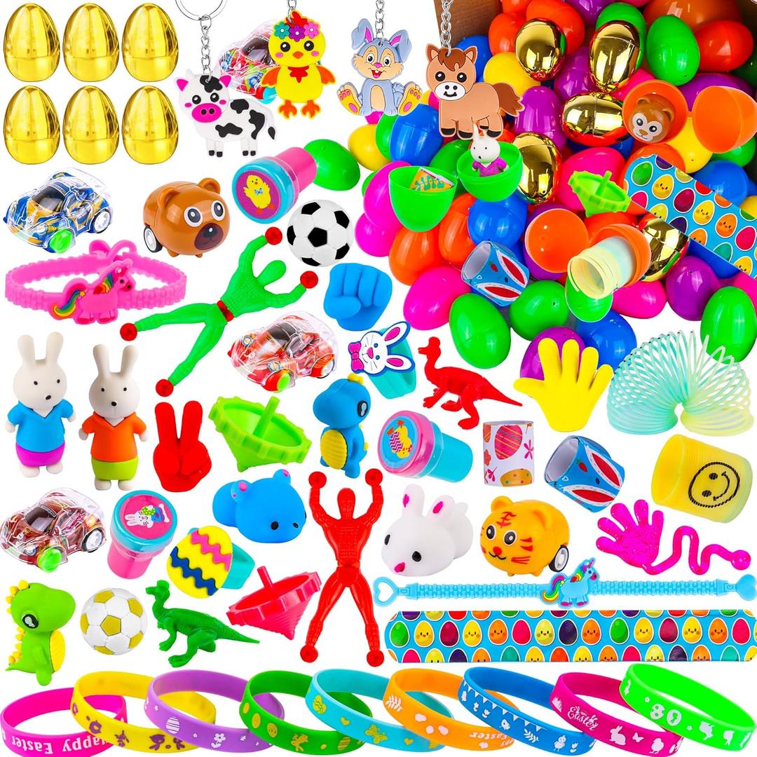 [ 6 Surprise Golden Eggs ] 100 Pack Prefilled Easter Eggs with Assorted Toys Inside, 100 Plastic Easter Eggs Fillers with Fidget Toys, Easter Basket Stuffers Easter Party Favors for Kids Boys Girls