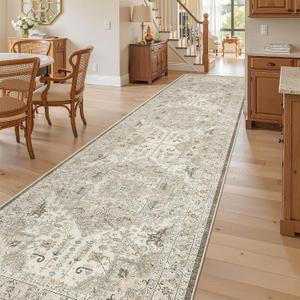 Madane 3x12 Hallway Runner Rug - Non Slip Washable 12ft Runner for Hallways Soft Vintage Kitchen Rugs Low-Pile Carpet Runner for Entryway Bathroom Thin Floor Mat for Bedroom Dining Room, Ivory/Brown