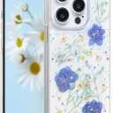 for iPhone 15 Pro Case Cute Clear with Real Pressed Flowers Design Glitter Sparkly Blue Dried Floral Slim Soft TPU Protective Women Girl's Phone Cover for iPhone 15Pro(Glitter Violet)