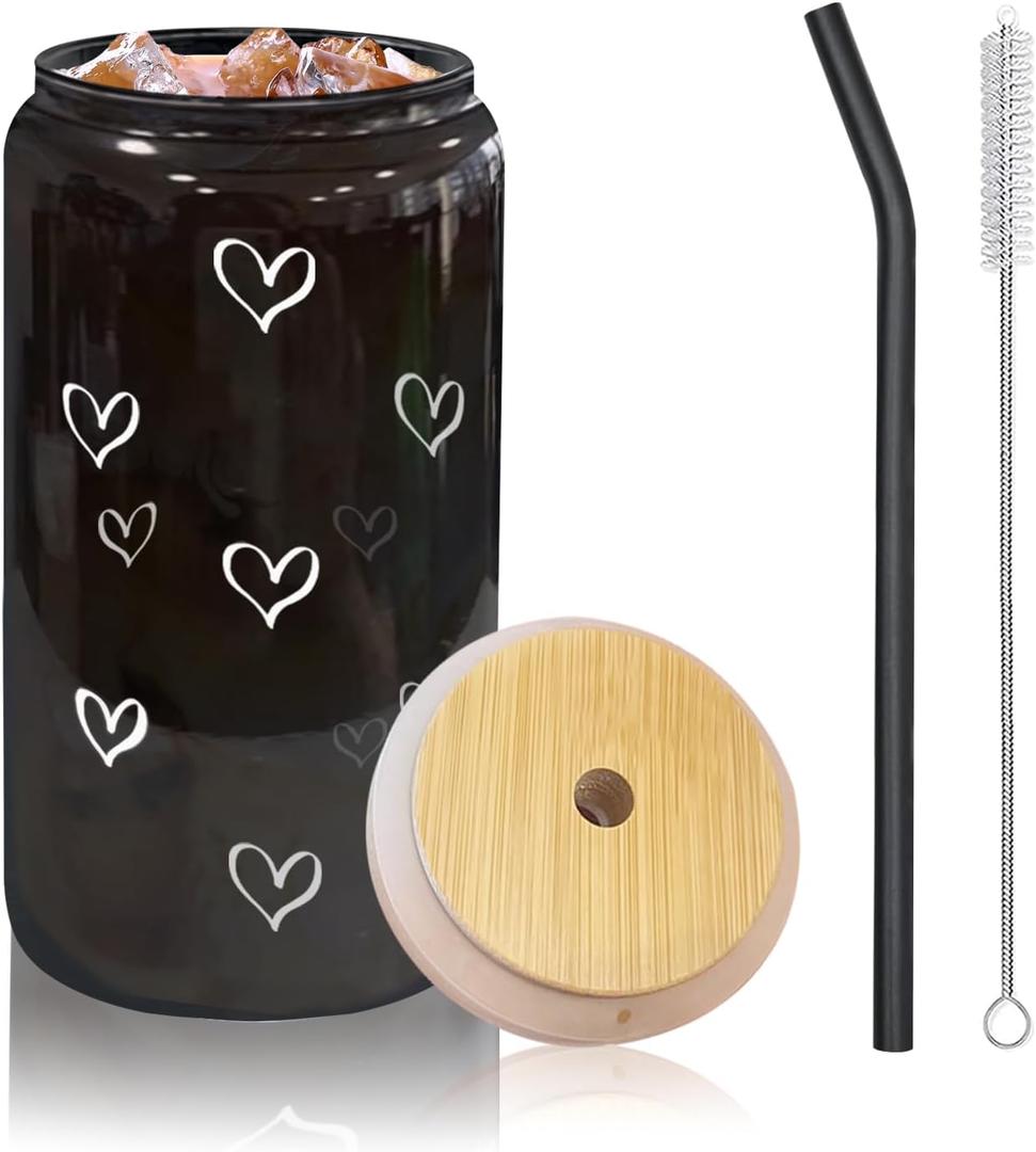 Heart Patterned Cup With Bamboo Top + Glass Straw | 16oz Can Shaped Glass | Smoothie and Iced Coffee Cup 'Black'