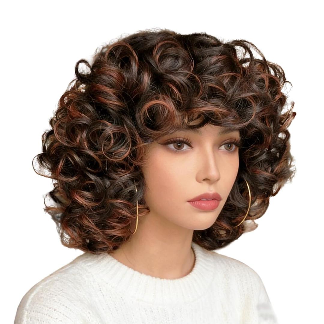 Short Curly Wig For Women Afro Wigs For Black Women Black Mixed Brown Color Big Curly Wig With Bangs Loose Curls Synthetic Wig Big Bouncy Fluffy Curls Wigs For African American Women Daily Wear