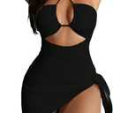 SKAYS Womens One Piece Swimsuit Texture Hollow Out Halter Bathing Suit with Cover-Up 2-Piece Sets Beach Swimwear (Medium, Black)