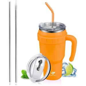 40 Oz Tumbler with Handle and Straw Insulated Stainless Steel Travel Mug with Lid Leak Proof Cup Holder Friendly Gifts for Women Men Him Her(Orange)