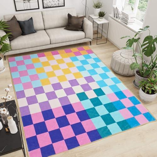 Aukib Multicolored Checkered Rug 3x5 Washable Ultra-Thin Funky Bedroom Rug Non-Slip Soft Multicolored Stain Resistant Carpet for ‎Dining Room Office
