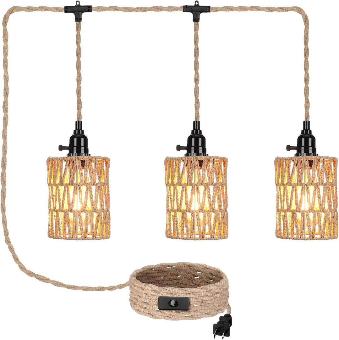 Retisee 3 Lights Hanging Light with Plug in Cord Pendant Lamp 22 ft Hemp Rope Boho Rattan Lamp On/off Switch Farmhouse Hanging Bohemian Decor for Bedroom Living Room Kitchen Hallway Foyer