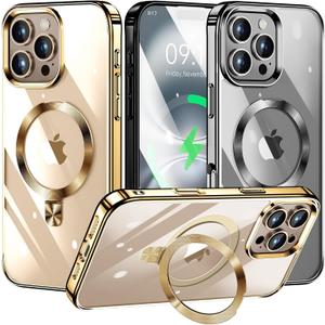 [CD Ring Compatible with MagSafe Invisible Stand] Magnetic for iPhone 16 Pro Max Case, [Clear Bumper Non-Yellowing] [Look as Bare iPhone] Slim Clear Case with Holder for Women Men Girls, Gold