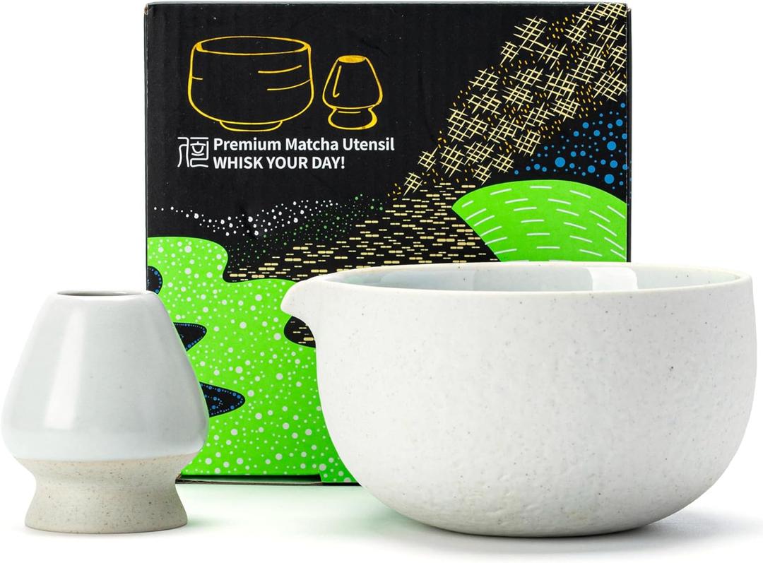 TEANAGOO Matcha Bowl with Spout, 2-PCS Ceramic Matcha Bowl and Whisk Holder (Chawan), 18 OZ/510ML White Bowl with Stand, Green Tea Traditional Ceremonial Accessories, Gift Set for Friend, Matcha Set