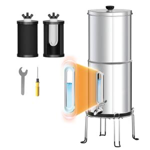 Purewell 1.5G Gravity Water Filter System with Embedded Visual Water Level, 3-Stage 0.01m Ultra-Filtration Stainless Steel Countertop System with 2 Upgraded Filter with Stand, Reduce 99% Chlorine