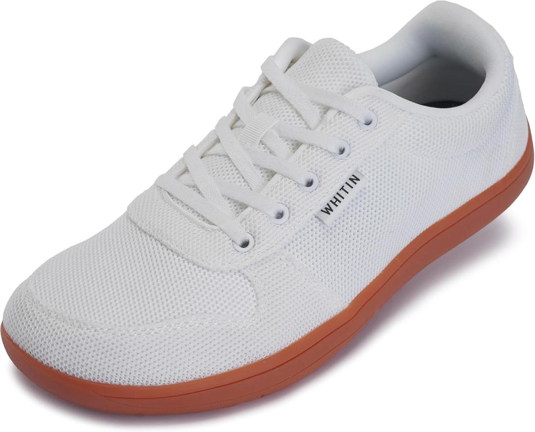 WHITIN Men's Wide Toe Box Barefoot Sneakers + Breathable Knit Walking Shoes (White)