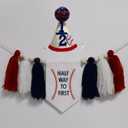 Half Way to First Birthday Baseball High Chair Tassel Banner with 1/2 Cone Hat 6 Months Little Slugger Half Birthday Outfit for Baby Boy (Red Royal Blue Baseball 1/2)
