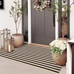 Sungea Outdoor Rug Front Door Mat 2'x4.3', Cotton Indoor Doormat Washable Black and Tan Striped Rug, Stain Resistant Reversible Layered Door Mats for Entryway/Farmhouse/Home Entrance