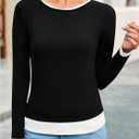 Cicy Bell Womens Long Sleeve Tops Patchwork Crewneck Slim Fit Shirts Going Out Casual Fall Basic Tees (Black, M)