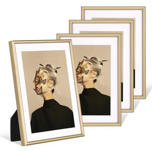 Fkvat 5x7 Picture Frame Set of 4, Matted Brass Simple Modern Brushed Thin Aluminum Metal Photo Frame Fits 3x5 and 4x6 with Mat or 5 x 7 without Mat . Vertical and Horizontal for Tabletop and Wall