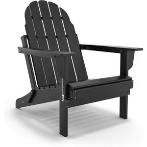 Folding Adirondack Chair - Durable HDPE Poly Lumber All-Weather Resistant, Foldable Oversized Balcony Porch Patio Outdoor Chair for Lawn, Backyard, Deck, Garden, Camping - Easy Installation, Black